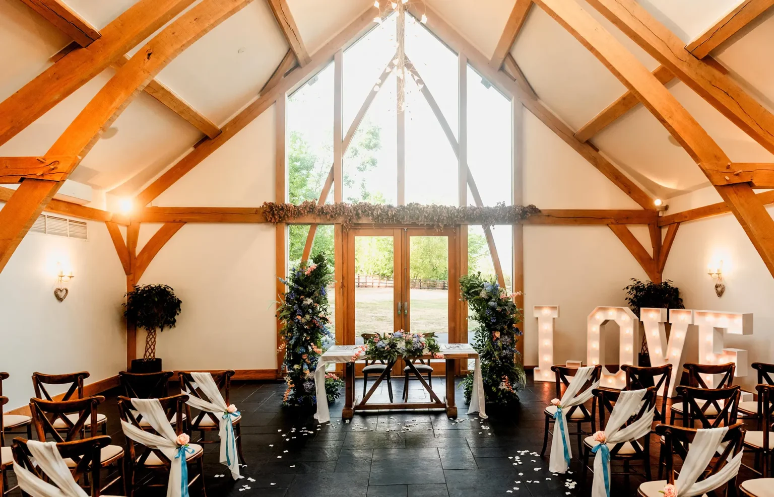 love letters lights, wedding prop hire at Mythe Barn