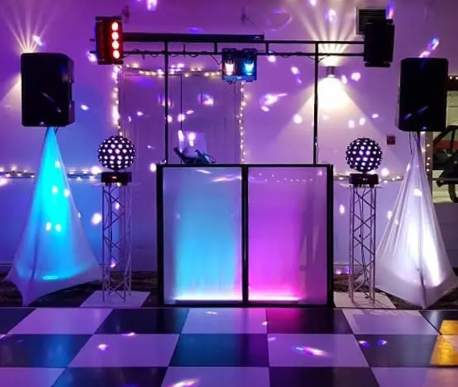 Checked dance floor prop hire at Mythe Barn wedding venue