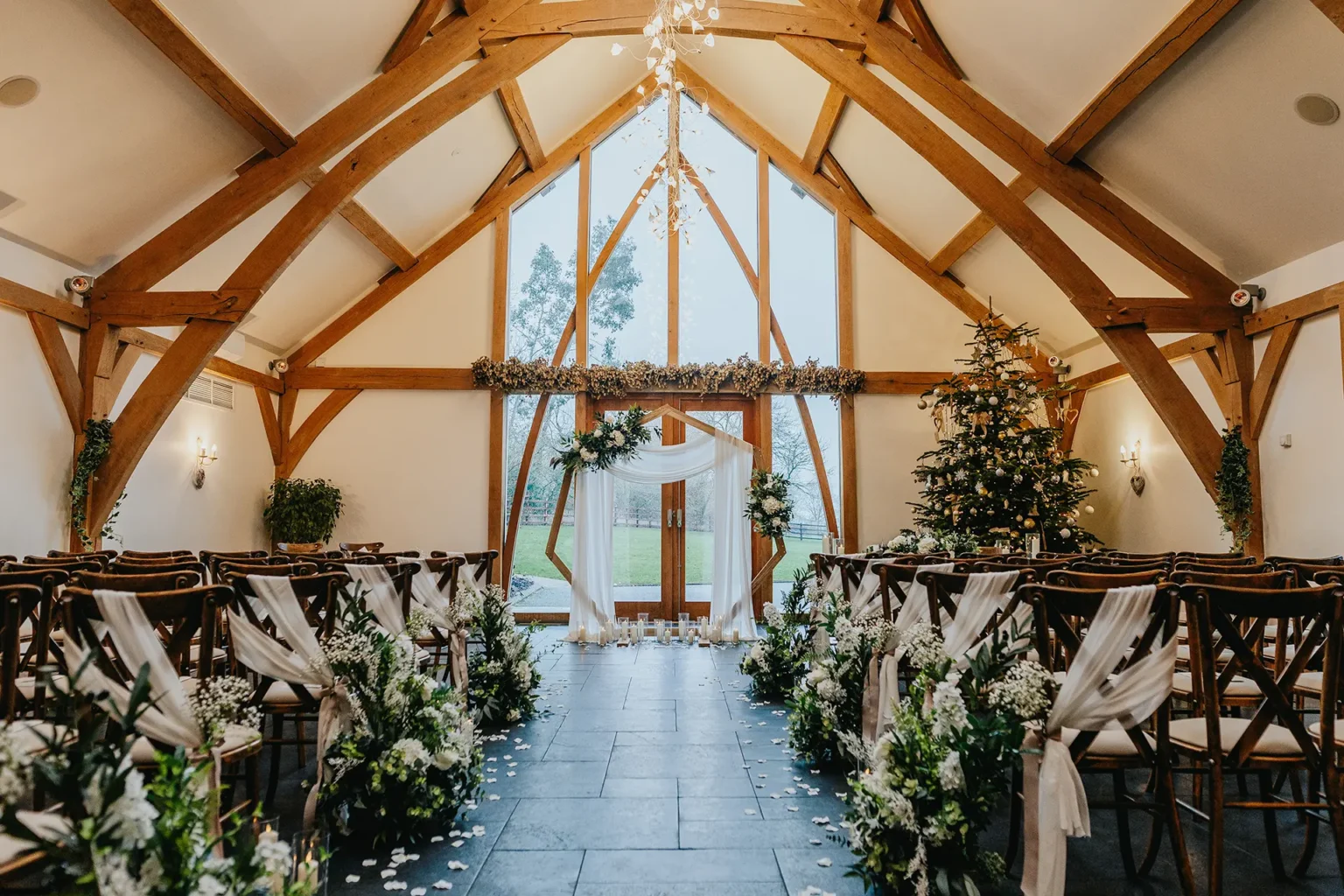 mythe barn ceremony set up festive